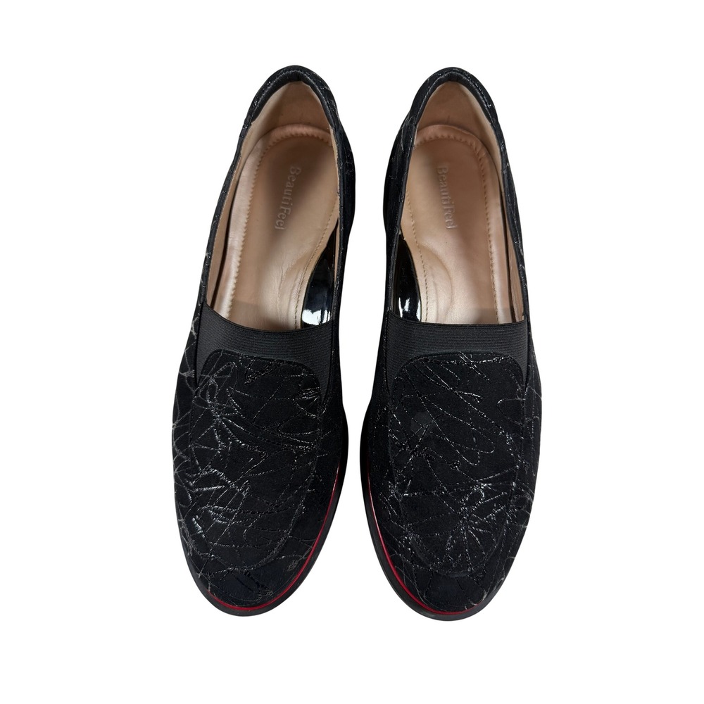 BeautiFeel Loafers Womens 39 Black Red Trim Scribble Suede Slip On Comfort Shoes - Picture 9 of 10